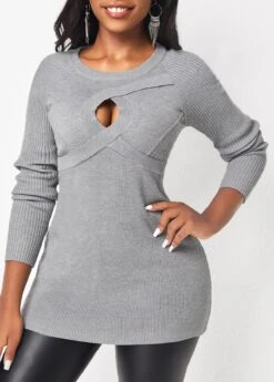 Light Grey Marl Round Neck Cable Sweater -Rosewe Promotion Store 311955 P 16641879553492