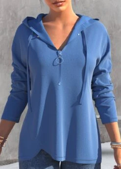 Dusty Blue Quarter Zip Long Sleeve Drawstring Hoodie