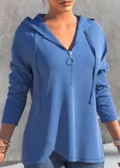 Dusty Blue Quarter Zip Long Sleeve Drawstring Hoodie -Rosewe Promotion Store 312027 P 1660890548951