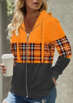 Zipper Closure Orange Long Sleeve Plaid Hoodie -Rosewe Promotion Store 312126 P 1663552640558 1