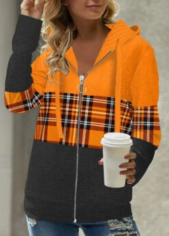 Orange Plus Size Zipper Tartan Print Hoodie -Rosewe Promotion Store 312126 P 1663552640580