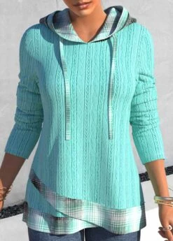 Tartan Print Cross Hem Green Hoodie