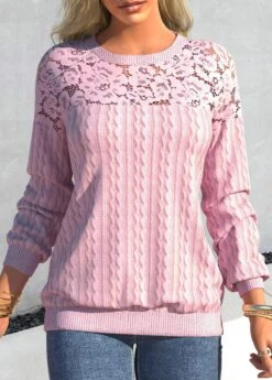 Lace Patchwork Pink Round Neck Raglan Sleeve Sweatshirt