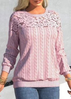 Lace Patchwork Pink Round Neck Raglan Sleeve Sweatshirt -Rosewe Promotion Store 312158 P 1662088766170