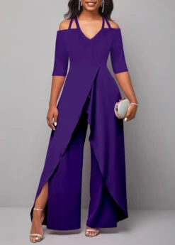 Ankle Length Off Shoulder Purple Jumpsuit