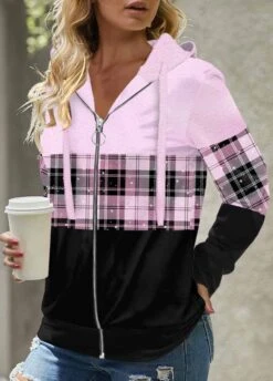 Tartan Print Light Purple Regular Sleeve Hoodie