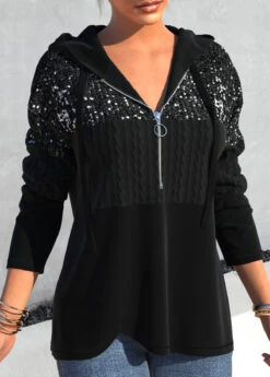 Long Sleeve Asymmetric Hem Black Sequin Hoodie -Rosewe Promotion Store 312259 P 1661392716702