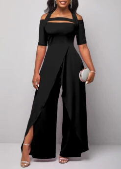 Short Sleeve Cold Shoulder Black Jumpsuit