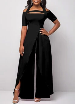 Short Sleeve Cold Shoulder Black Jumpsuit -Rosewe Promotion Store 312330 P 1670560408019