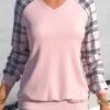 Tartan Print V Neck Dusty Pink Sweatshirt -Rosewe Promotion Store 312345 P 1661407102094