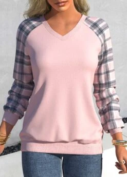Tartan Print V Neck Dusty Pink Sweatshirt
