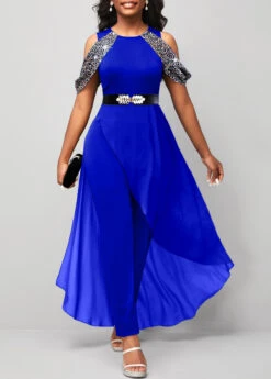 Hot Stamping Sapphire Blue Cold Shoulder Jumpsuit