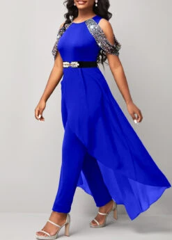 Hot Stamping Sapphire Blue Cold Shoulder Jumpsuit -Rosewe Promotion Store 312362 P 1661825606330