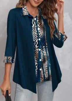 Asymmetric Hem Dark Blue Shirt Collar Blouse