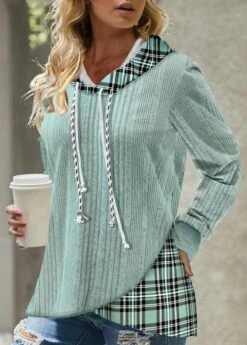 Tartan Print Cross Hem Light Green Hoodie