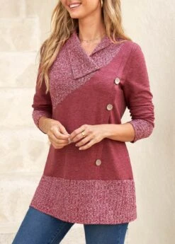 Dark Reddish Purple V Neck Button Sweatshirt