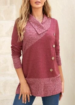 Dark Reddish Purple V Neck Button Sweatshirt -Rosewe Promotion Store 312663 P 16655712655343