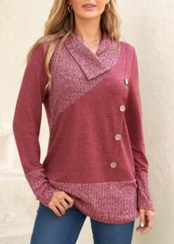 Dark Reddish Purple V Neck Button Sweatshirt -Rosewe Promotion Store 312663 P 16655712657422