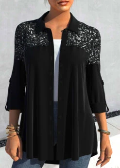 Sequin Black Shirt Collar Roll Up Sleeve Blouse