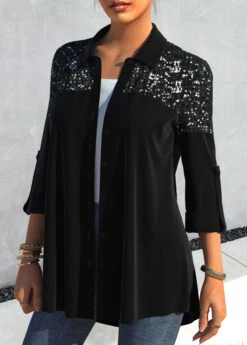 Sequin Black Shirt Collar Roll Up Sleeve Blouse -Rosewe Promotion Store 312706 P 1662712417726