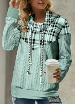 Tartan Print Blue Cowl Neck Regular Sleeve Sweatshirt -Rosewe Promotion Store 312738 P 1663316708596