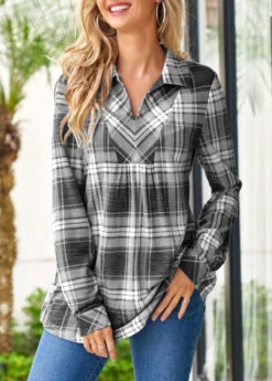 Tartan Print Grey Shirt Collar Regular Sleeve Blouse 9 Tartan Print Grey Shirt Collar Regular Sleeve Blouse -Rosewe Promotion Store 312744 P 16618551183212