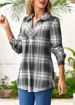 Tartan Print Grey Shirt Collar Regular Sleeve Blouse 10 Tartan Print Grey Shirt Collar Regular Sleeve Blouse -Rosewe Promotion Store 312744 P 16618551184133