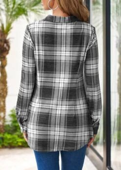 Tartan Print Grey Shirt Collar Regular Sleeve Blouse 8 Tartan Print Grey Shirt Collar Regular Sleeve Blouse -Rosewe Promotion Store 312744 P 16618551189051