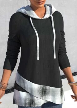 Tartan Print Black Regular Sleeve Hoodie -Rosewe Promotion Store 313004 P 1662002807059