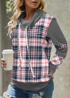 Tartan Print Pink Cowl Neck Regular Sleeve Sweatshirt