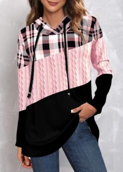 Pink Plus Size Tartan Print Regular Sleeve Hoodie -Rosewe Promotion Store 313293 P 1662098351155