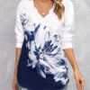 Floral Print Navy V Neck Drop Sleeve Blouse -Rosewe Promotion Store 313328 P 16623715627050