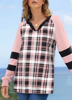 Pink Plus Size Tartan Print Raglan Sleeve Sweatshirt -Rosewe Promotion Store 313506 P 1662282946382