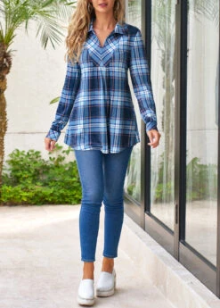 Blue Plus Size Tartan Print Regular Sleeve Blouse 16 Blue Plus Size Tartan Print Regular Sleeve Blouse -Rosewe Promotion Store 313515 P 16630403691554