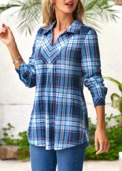 Blue Plus Size Tartan Print Regular Sleeve Blouse 15 Blue Plus Size Tartan Print Regular Sleeve Blouse -Rosewe Promotion Store 313515 P 16630403698773