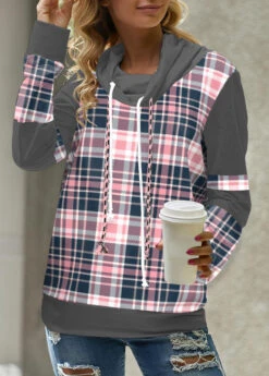 Tartan Print Pink Cowl Neck Regular Sleeve Sweatshirt -Rosewe Promotion Store 313554 P 1663582040187