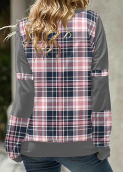 Tartan Print Pink Cowl Neck Regular Sleeve Sweatshirt -Rosewe Promotion Store 313554 P 1663582040994