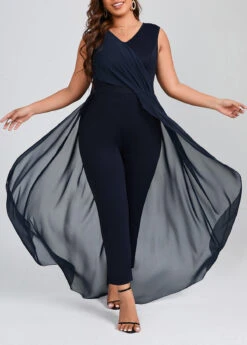 Navy Plus Size Patchwork Sleeveless V Neck Jumpsuit -Rosewe Promotion Store 313571 P 16673584862262