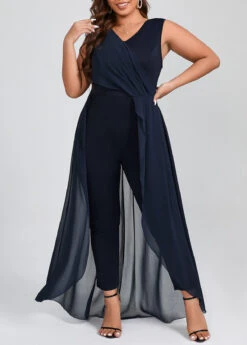 Navy Plus Size Patchwork Sleeveless V Neck Jumpsuit