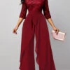 Lace Patchwork Wine Red V Neck Jumpsuit -Rosewe Promotion Store 313669 P 1663235684351