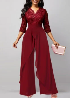 Lace Patchwork Wine Red V Neck Jumpsuit