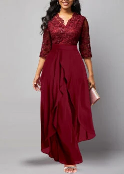 Lace Patchwork Wine Red V Neck Jumpsuit -Rosewe Promotion Store 313669 P 1663235685788