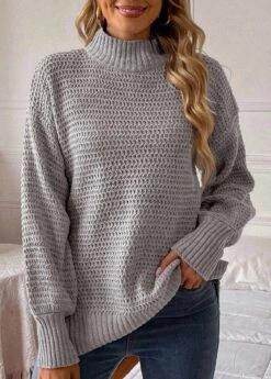 Round Neck Long Sleeve Grey Sweater -Rosewe Promotion Store 313890 P 16661414300873