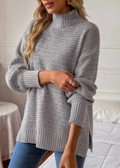 Round Neck Long Sleeve Grey Sweater -Rosewe Promotion Store 313890 P 16661414308412