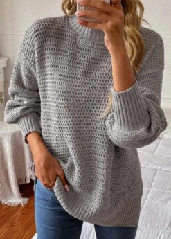 Round Neck Long Sleeve Grey Sweater