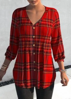 Tartan Print Tuck Stitch Red V Neck Blouse
