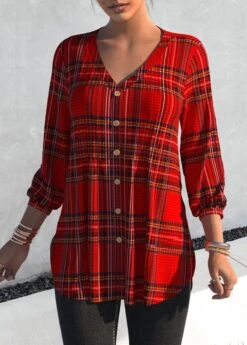 Tartan Print Tuck Stitch Red V Neck Blouse -Rosewe Promotion Store 313926 P 1670462086639
