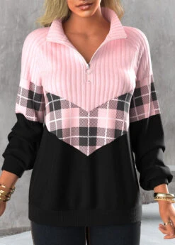 Light Pink Plus Size Tartan Print Sweatshirt