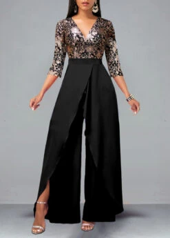 Floral Print Lace Patchwork Black Jumpsuit