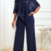 Sequin Navy Cold Shoulder Asymmetric Hem Jumpsuit -Rosewe Promotion Store 314272 P 16669316383690